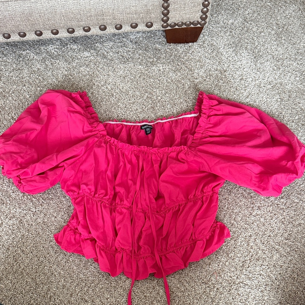 Boohoo Vibrant Pink Puff Sleeve Blouse